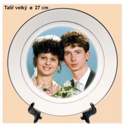 Talíř velký s vlastním potiskem dekorovaný (zlatý okraj)