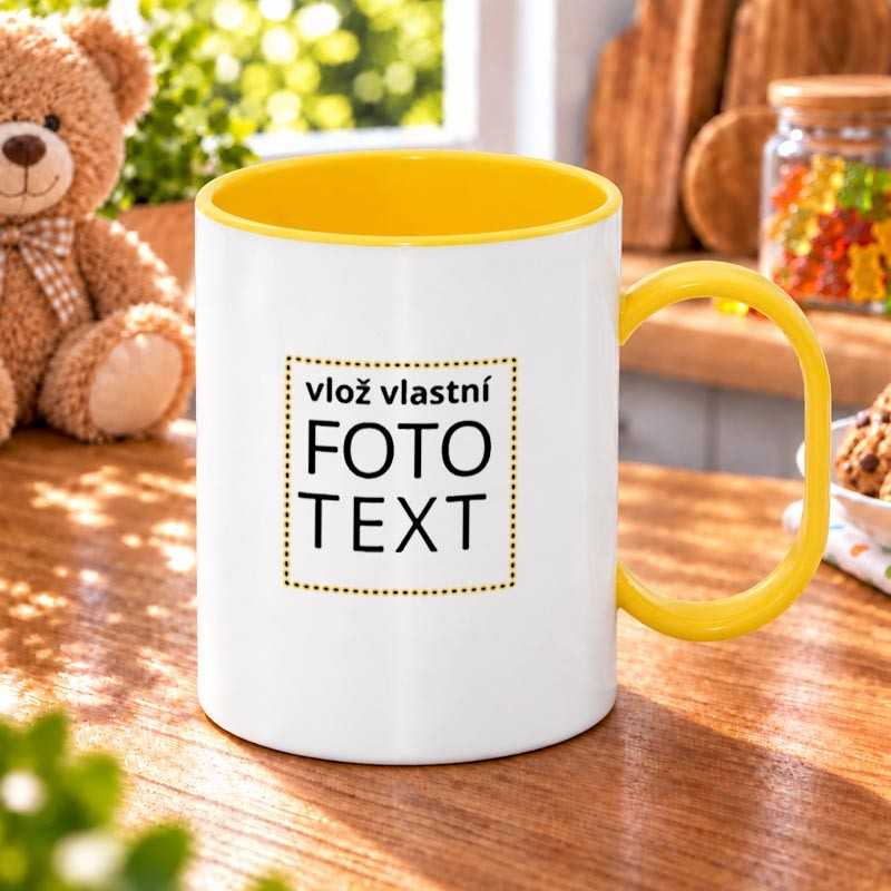 Hrnek se žlutým vnitřkem a uchem plastovy