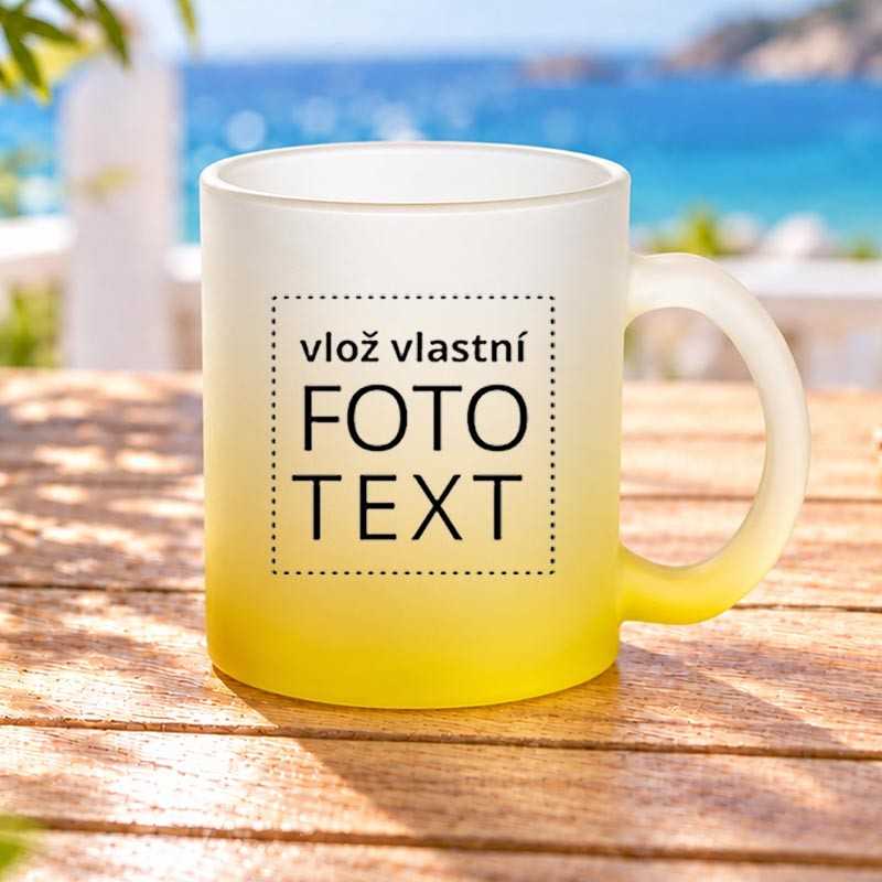 Hrnek skleněný matný, žlutý přechod, 0,3L, s vlastním potiskem.