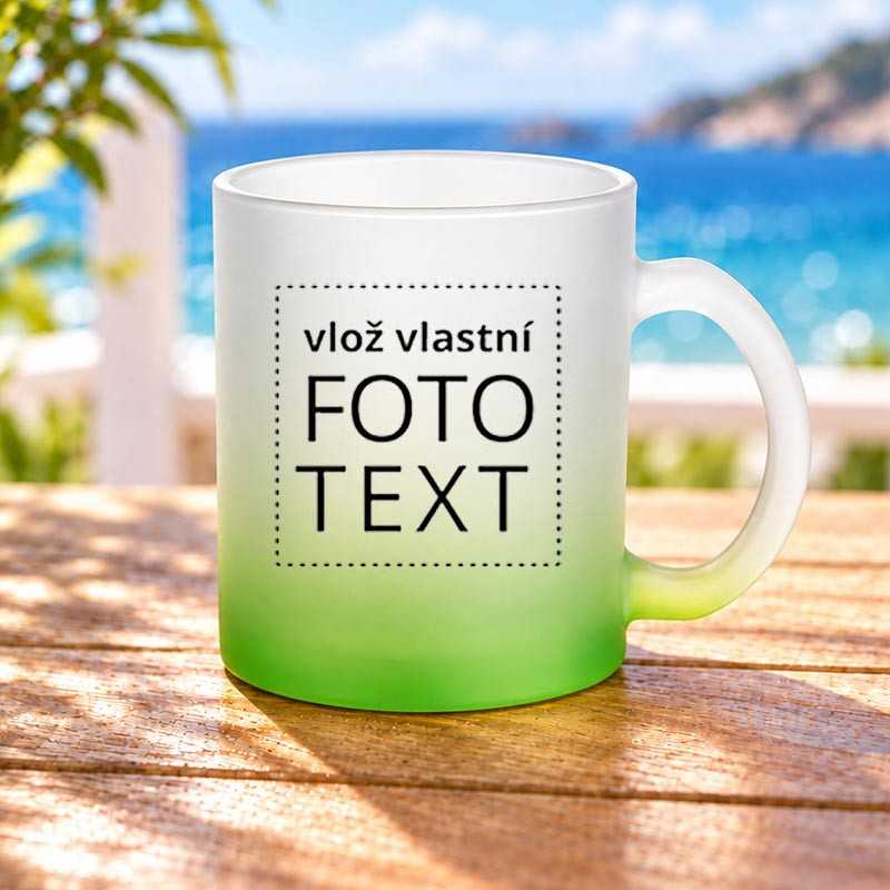 Hrnek skleněný matný, zelený přechod, 0,3L, s vlastním potiskem.