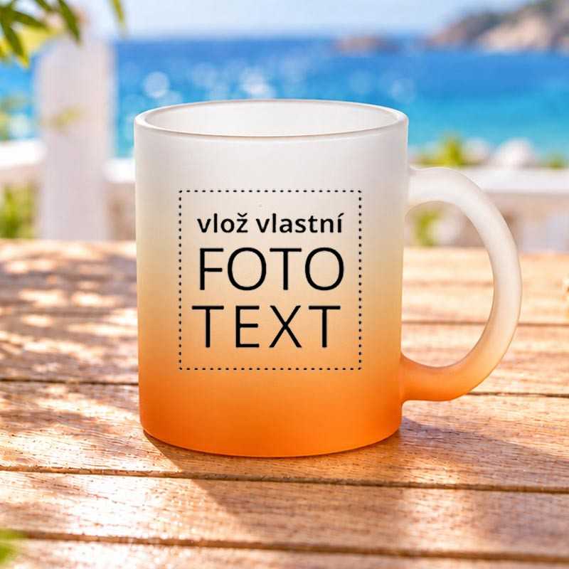 Hrnek skleněný matný, oranžový přechod, 0,3L, s vlastním potiskem.