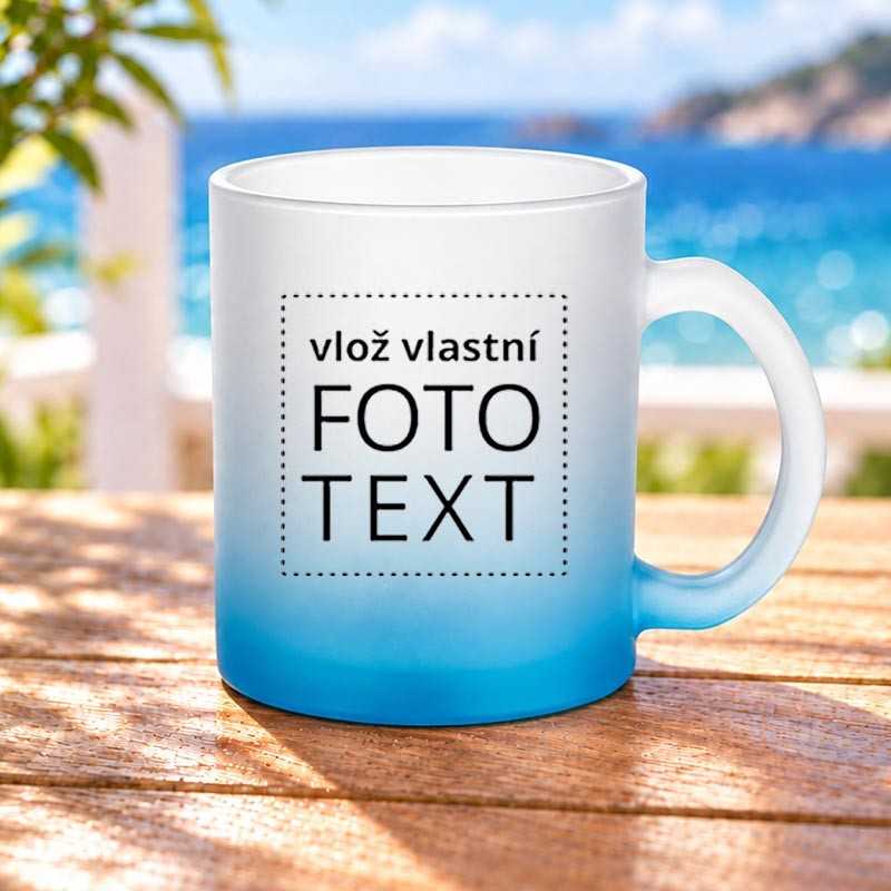 Hrnek skleněný matný, modrý gradient, 0,3L, s vlastním potiskem.