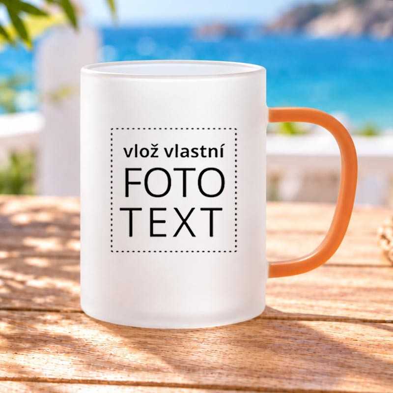 Hrnek skleněný matný, okrové ucho, 0,4L, s vlastním potiskem.
