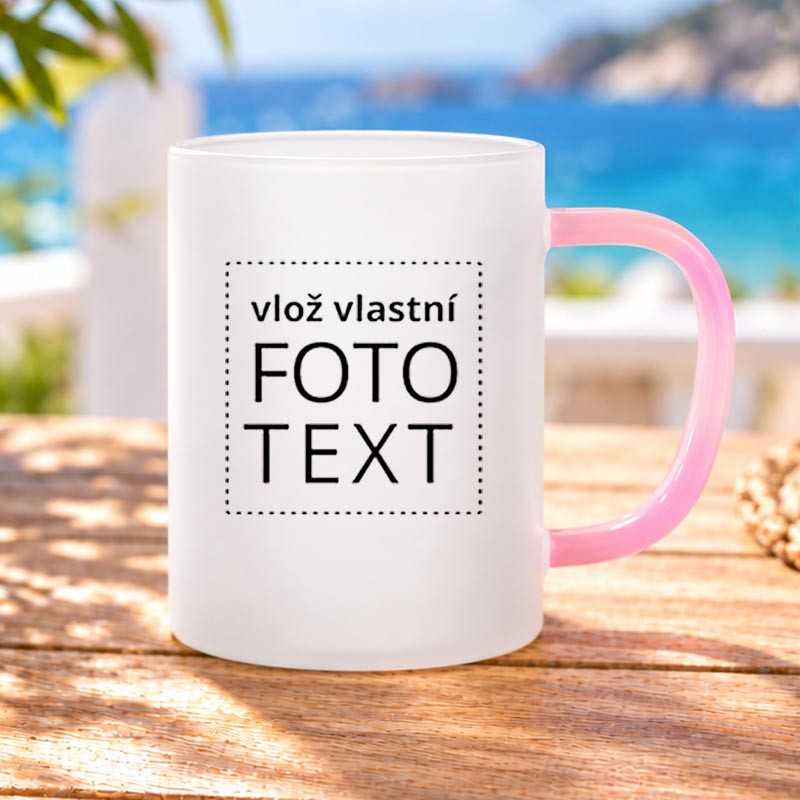 Hrnek skleněný matný, růžové ucho, 0,4L, s vlastním potiskem.