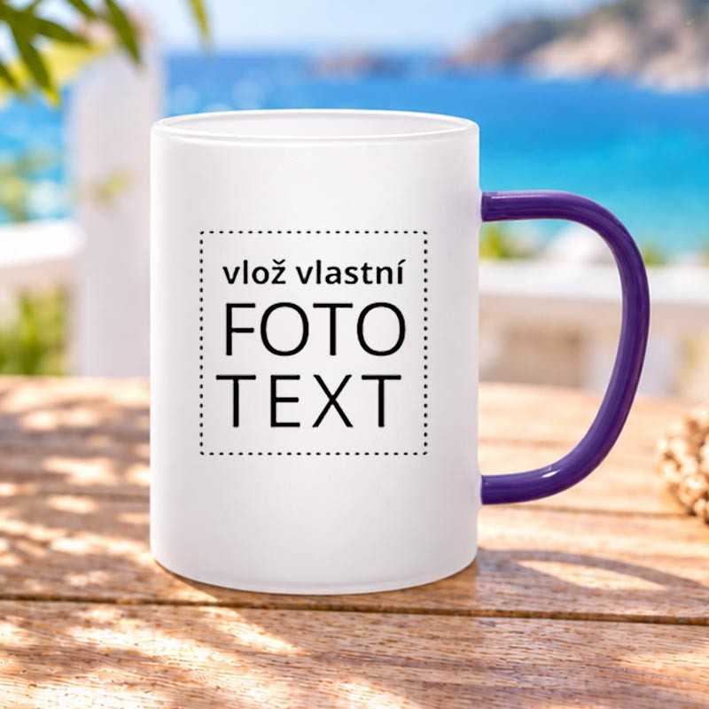 Hrnek skleněný matný, modré ucho, 0,4L, s vlastním potiskem.