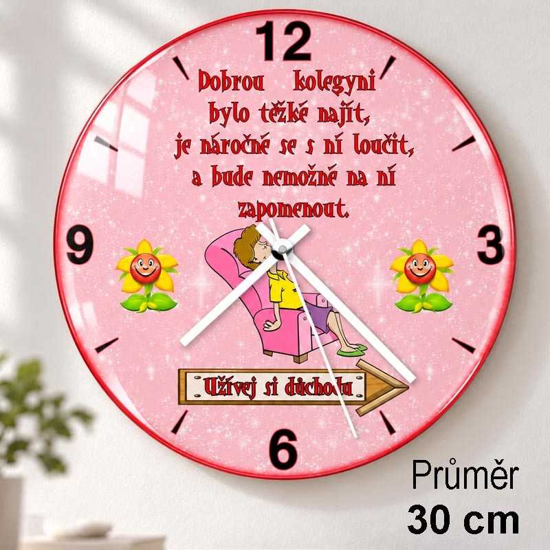 Hodiny skleněné 30 cm k odchodu do důchodu pro ženu s vlastní fotkou